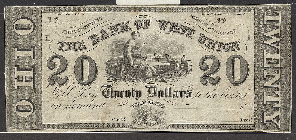 West Union, OH, 1830s $20 Remainder, The Bank of West Union, VF (torn)